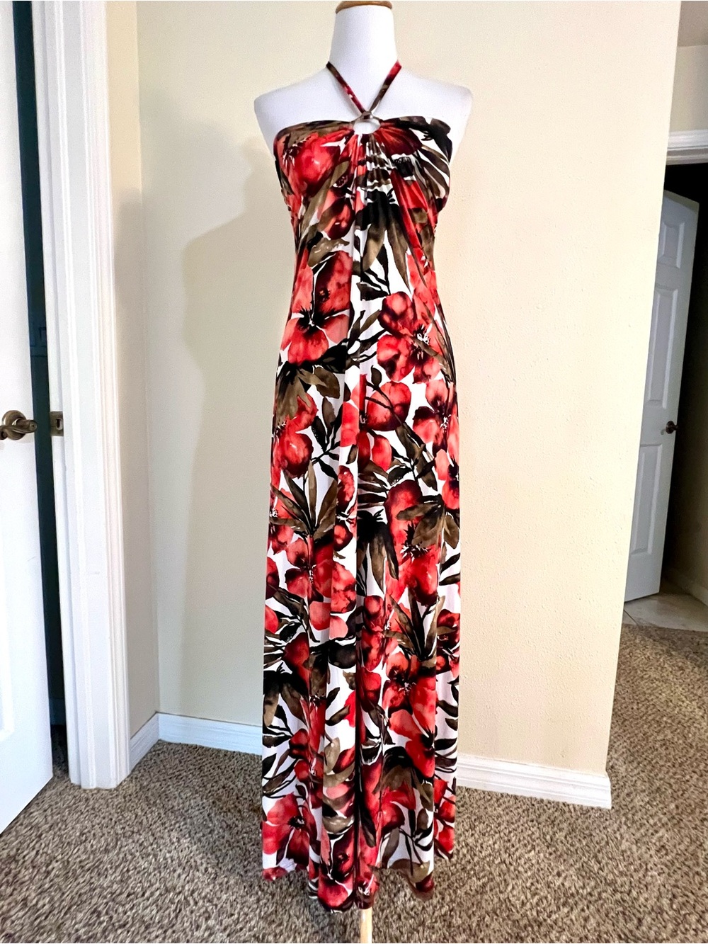 Y2K Body Central Floral Halter Maxi Dress Large Red Brown Tropical Ring Front